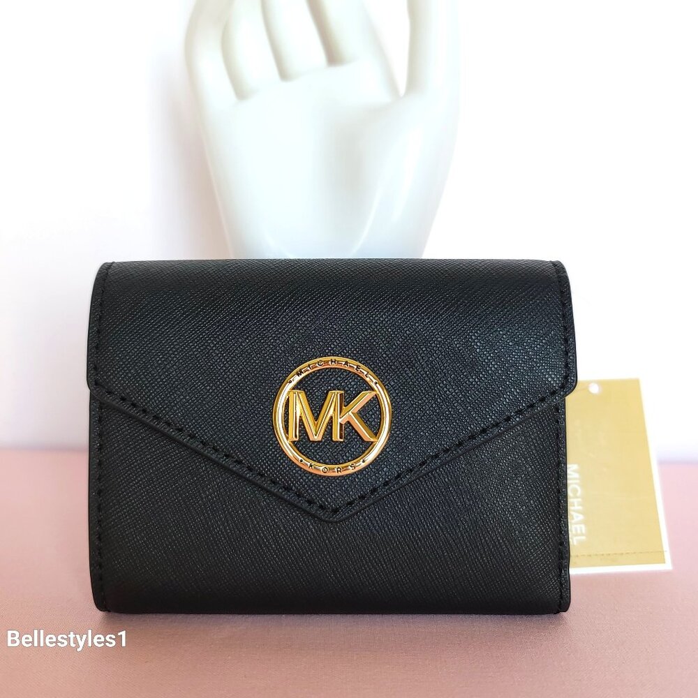 MICHAEL KORS Greenwich Medium Envelope Trifold Saffiano Leather Wallet- Black ⭐